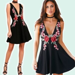 MYSTIC Los Angeles Romantic Rose Embroidered Black Skater dress